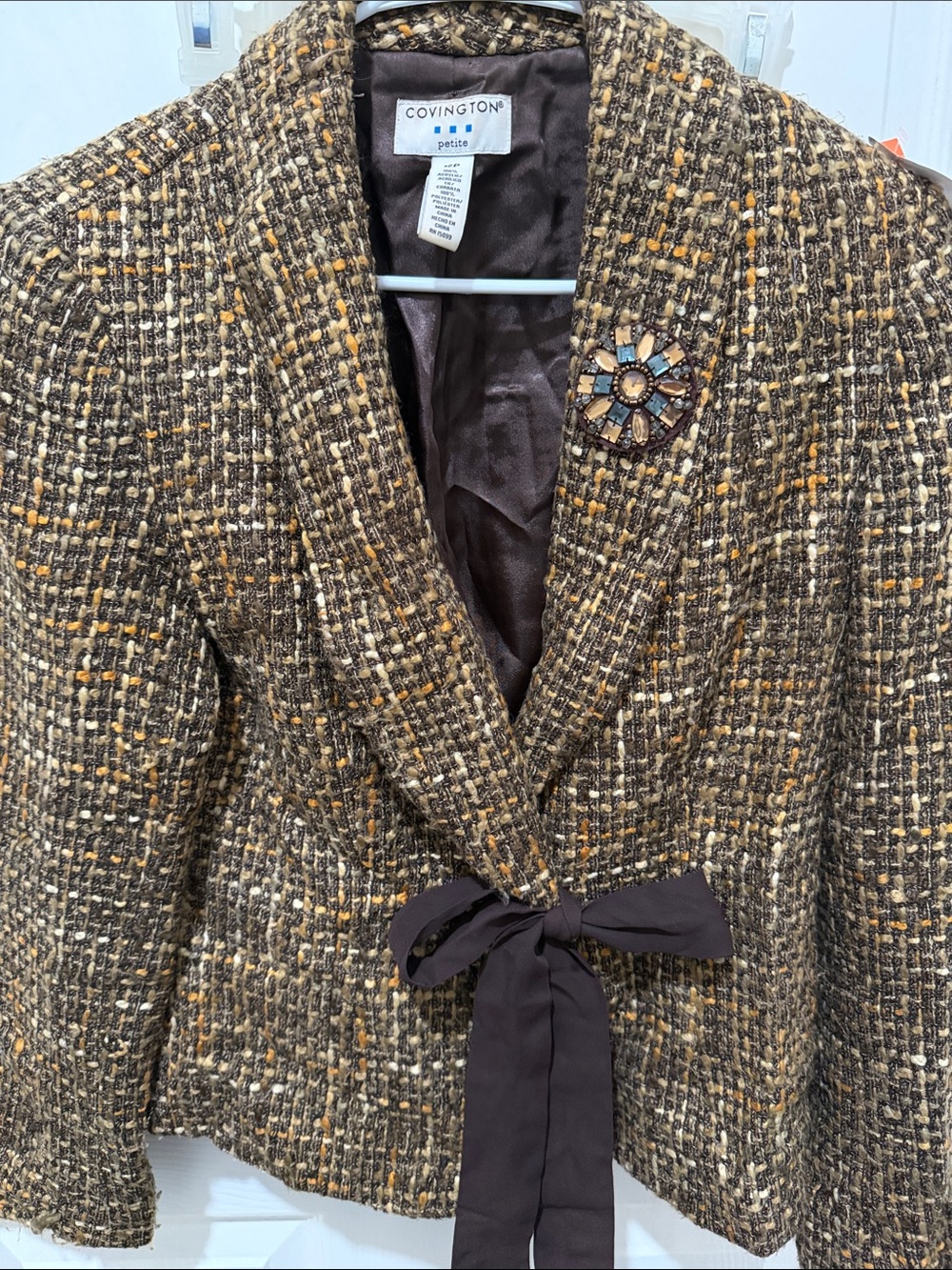 Covington Brown Tweed Tie-Waist Petite Blazer Size 12 Petite